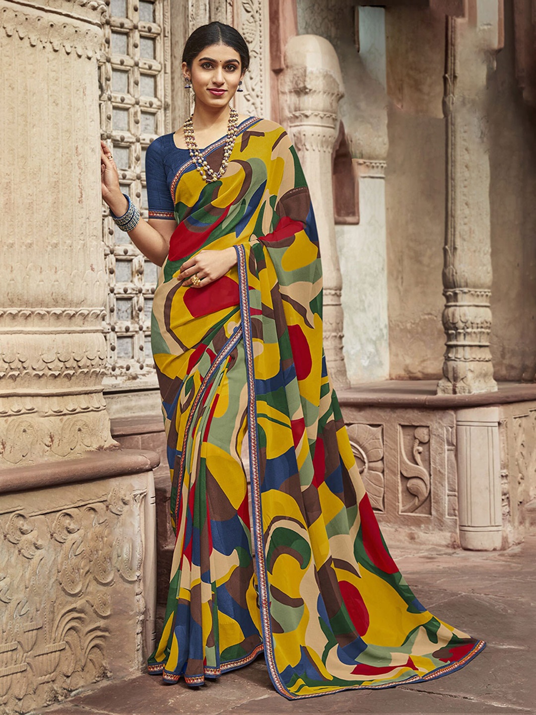

Laxmipati Abstract Printed Embroidered Poly Georgette Saree, Yellow