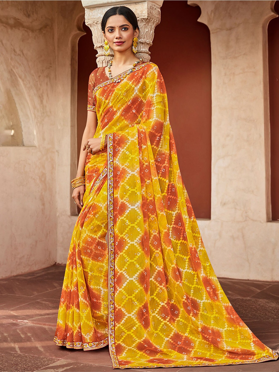 

Laxmipati Abstract Printed Embroidered Saree, Mustard