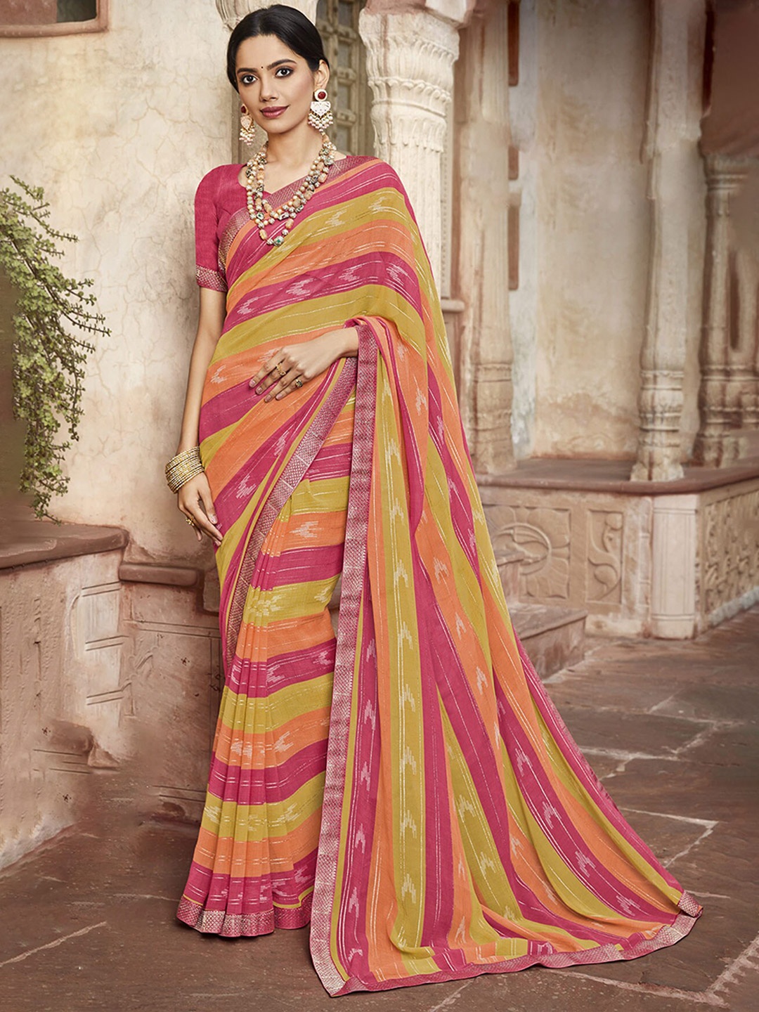 Laxmipati Leheriya Printed Woven Design Leheriya Saree, Pink