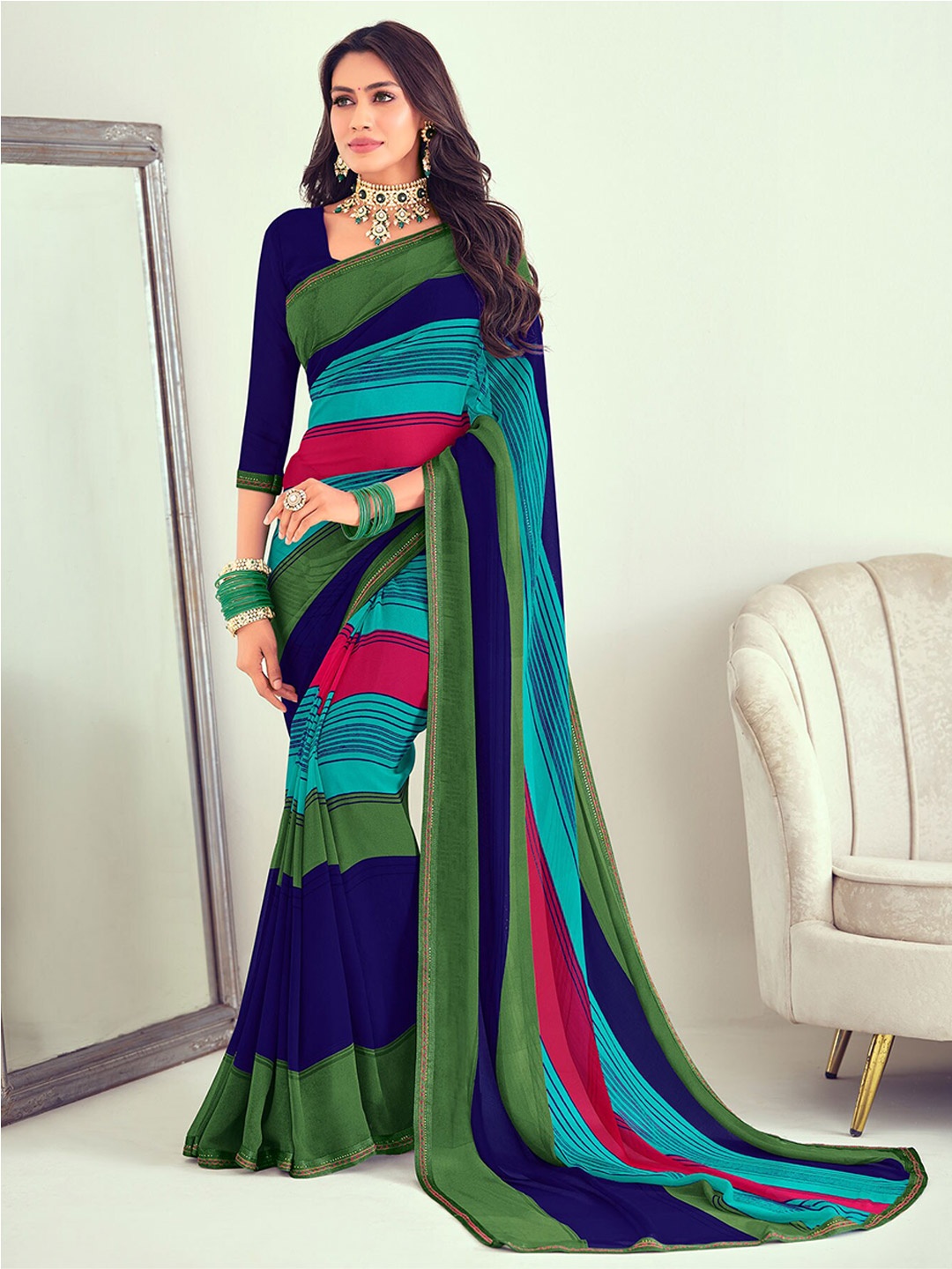 

Laxmipati Embroidered Leheriya Saree, Green