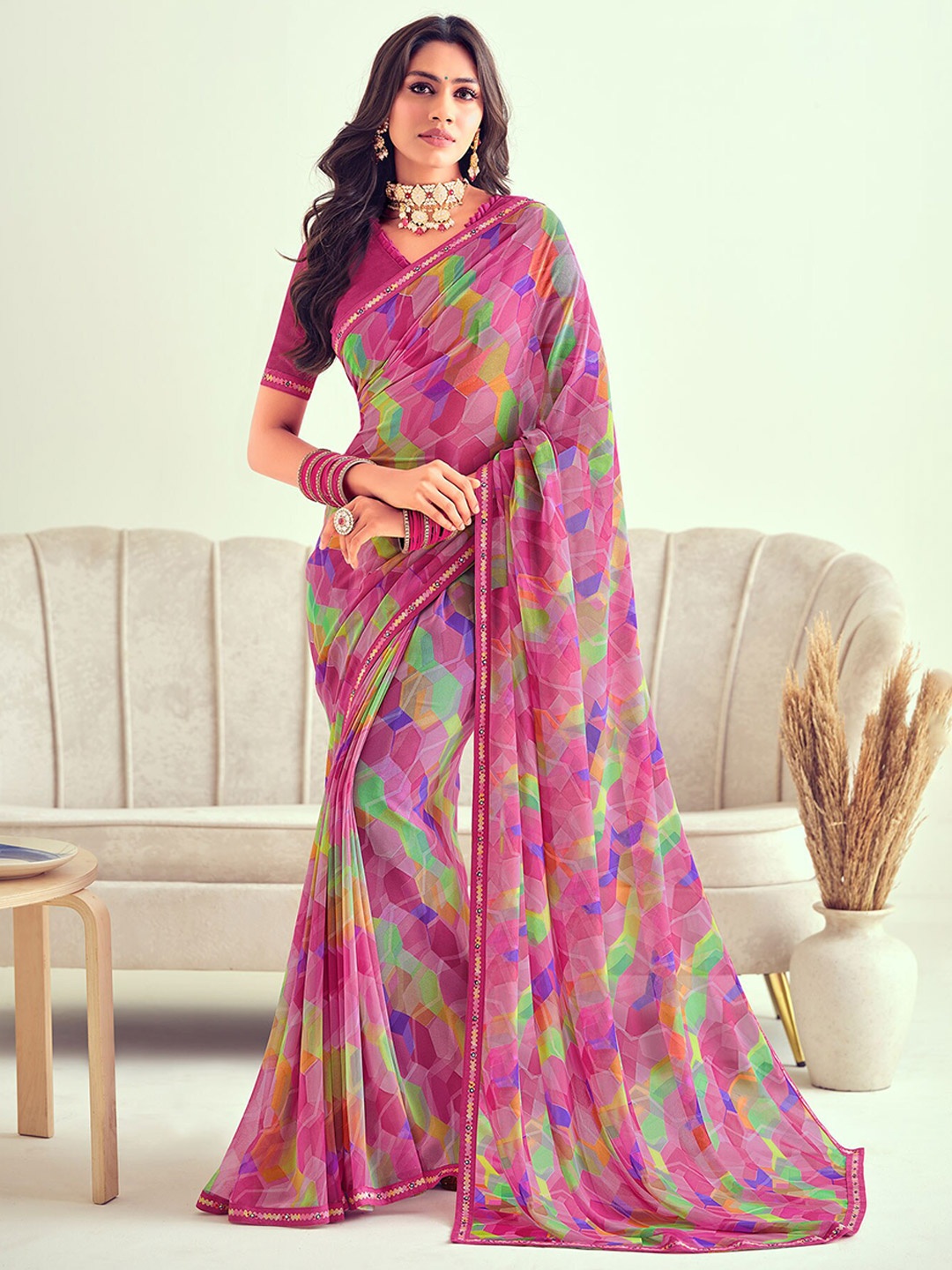 Laxmipati Geometric Printed Saree, Pink