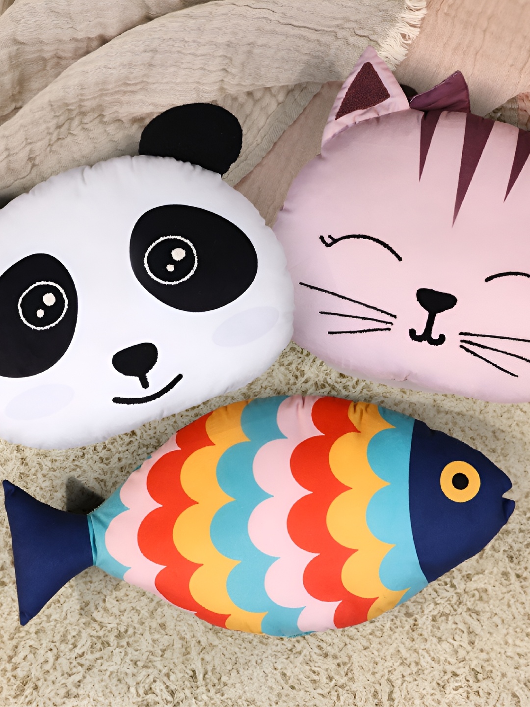 

Smartsters Fins & Paws Kids 3 Pcs Panda Cute kitty & Fish Cushions, White