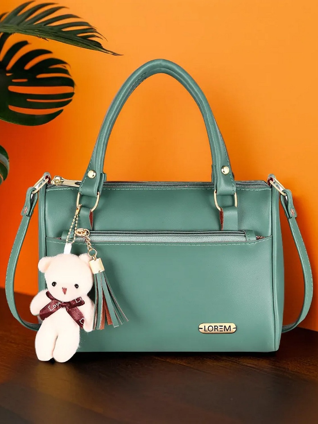 

LOREM Synthetic Leather Structured Handheld Bag with Teddy Bear, Green