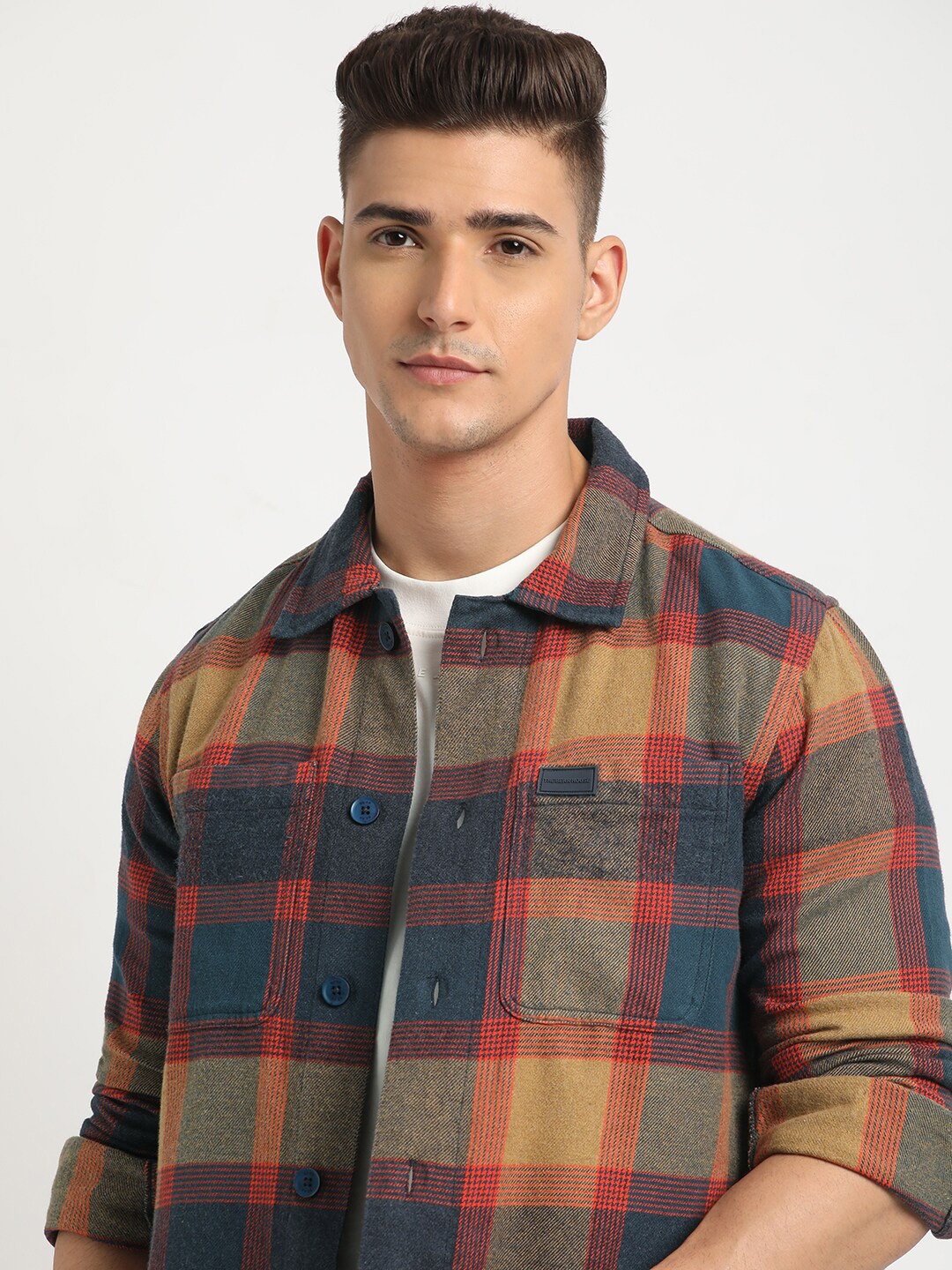 

THE BEAR HOUSE Men Checkered Regular Fit Shacket, Brown