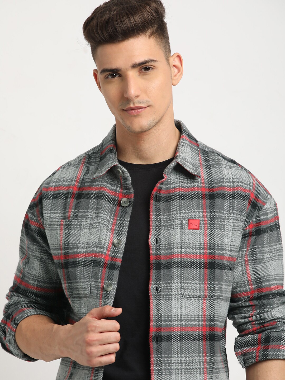 

THE BEAR HOUSE Men Checkered Relaxed Fit Shacket, Grey