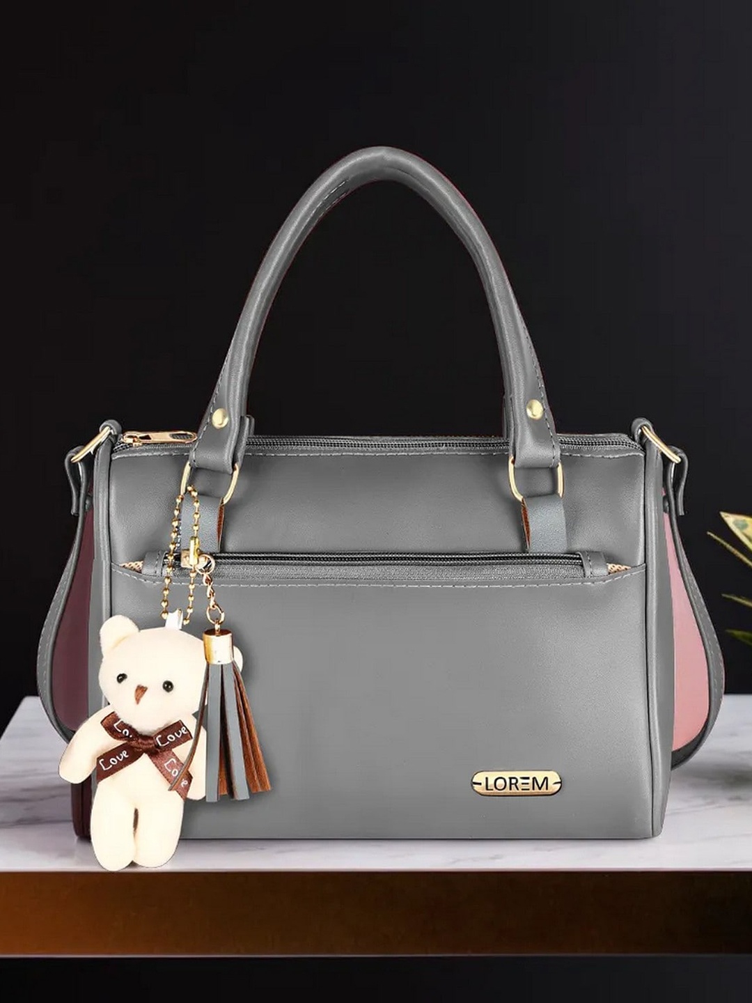 

LOREM Detail Zip Structured Shoulder Bag & Key Chain, Grey