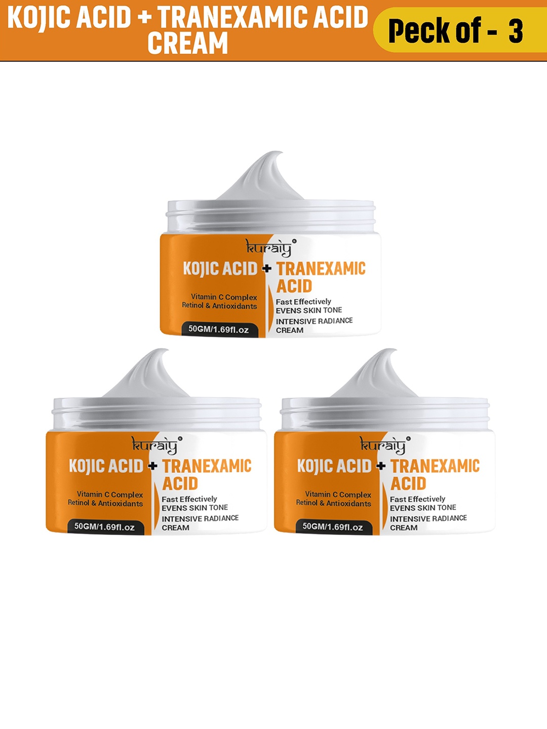 

KURAIY Set Of 3 Kojic Acid & Tranexamic Intensive Radiance Cream - 50g Each, Orange