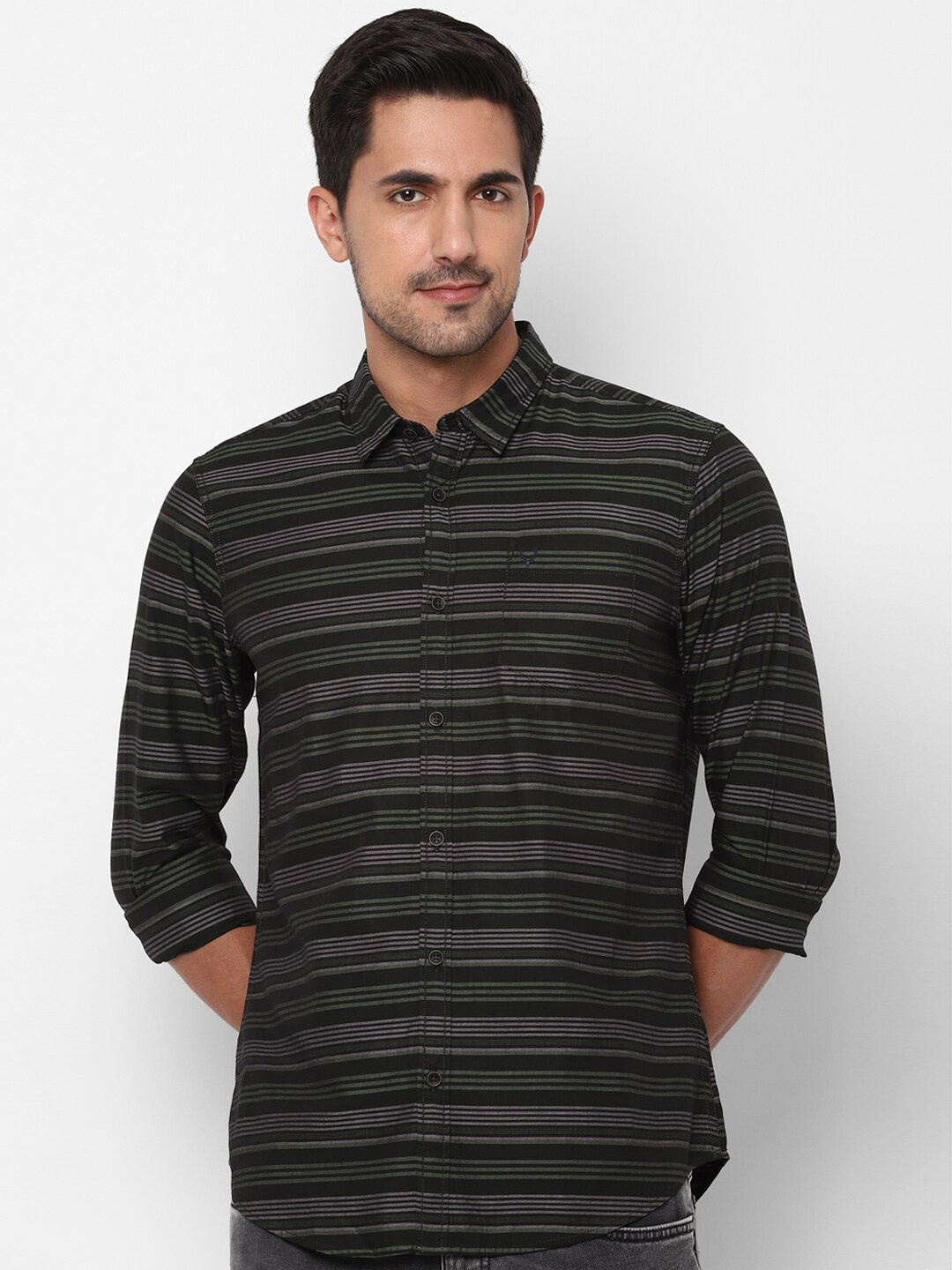 

Allen Solly Striped Spread Collar Curved Cotton Casual Shirt, Black