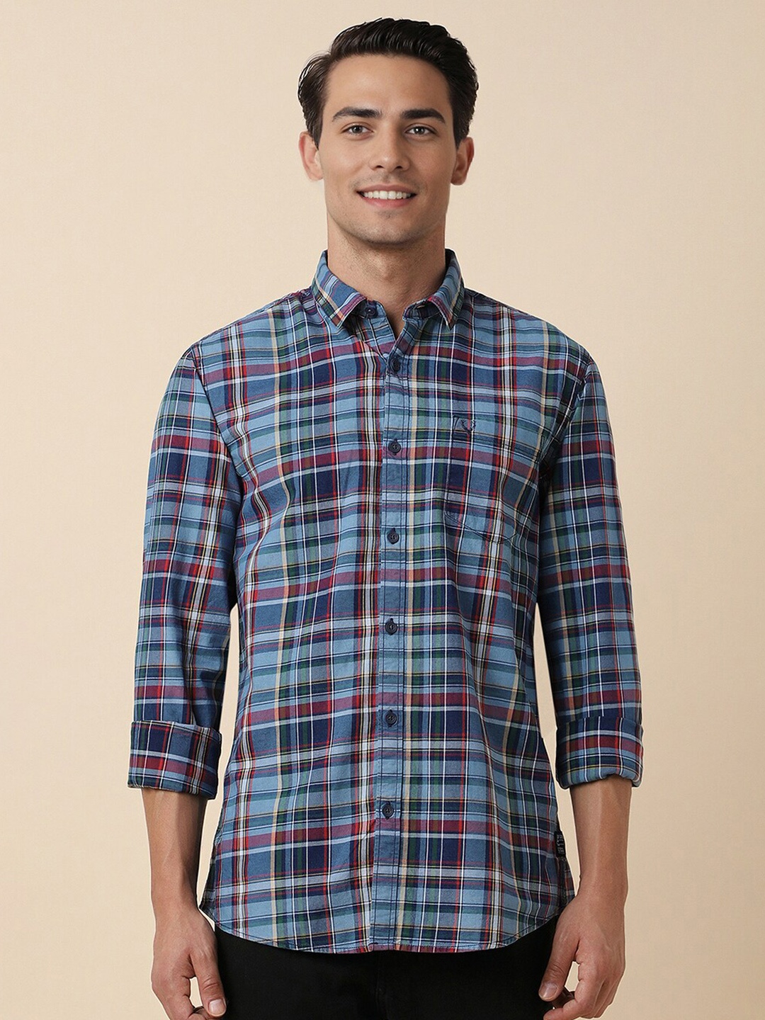 

Allen Solly Tartan Checks Printed Spread Collar Full Sleeves Cotton Casual Shirt, Blue