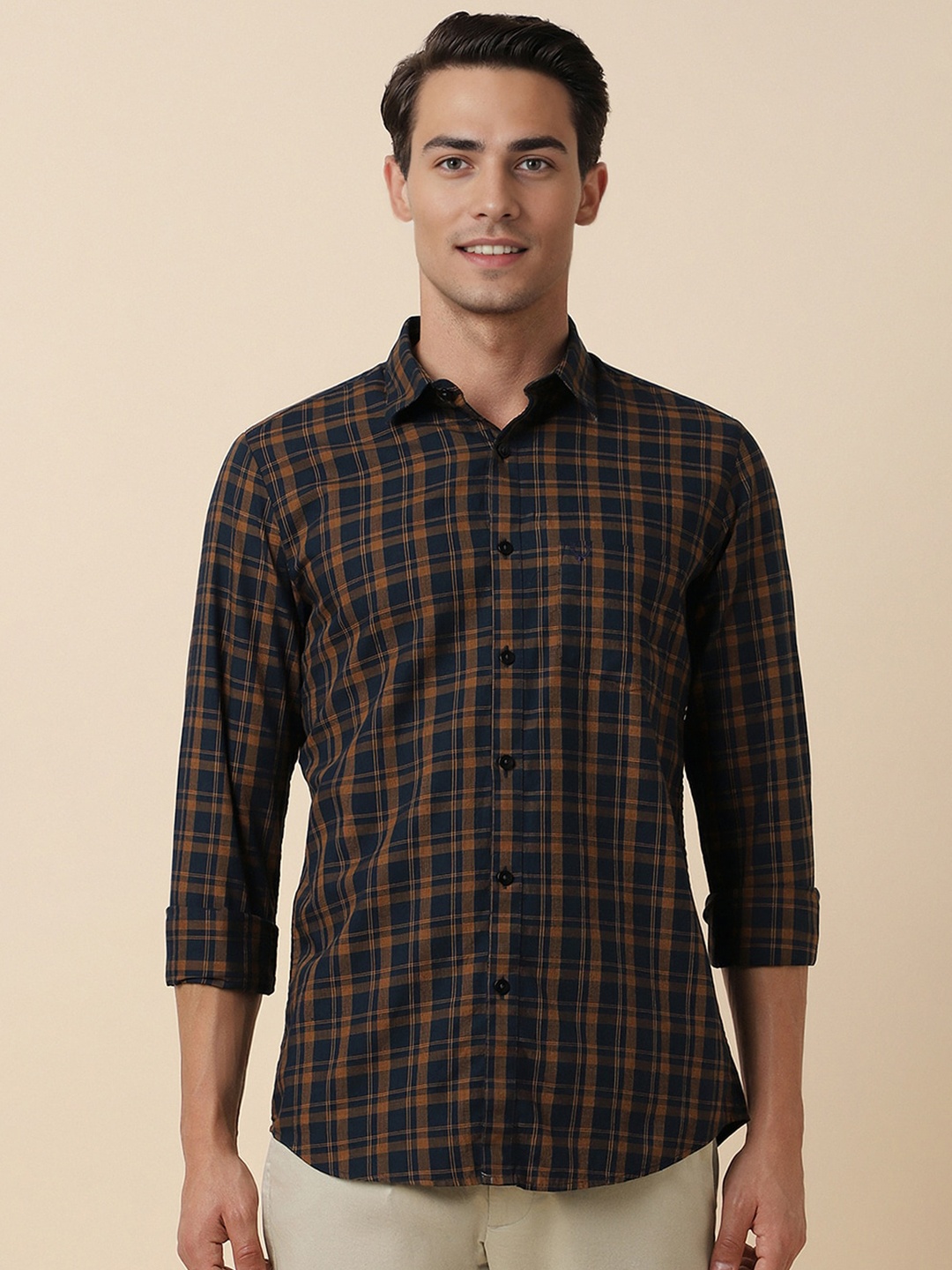 

Allen Solly Tartan Checked Cotton Spread Collar Long Sleeves Slim Fit Opaque Casual Shirt, Navy blue