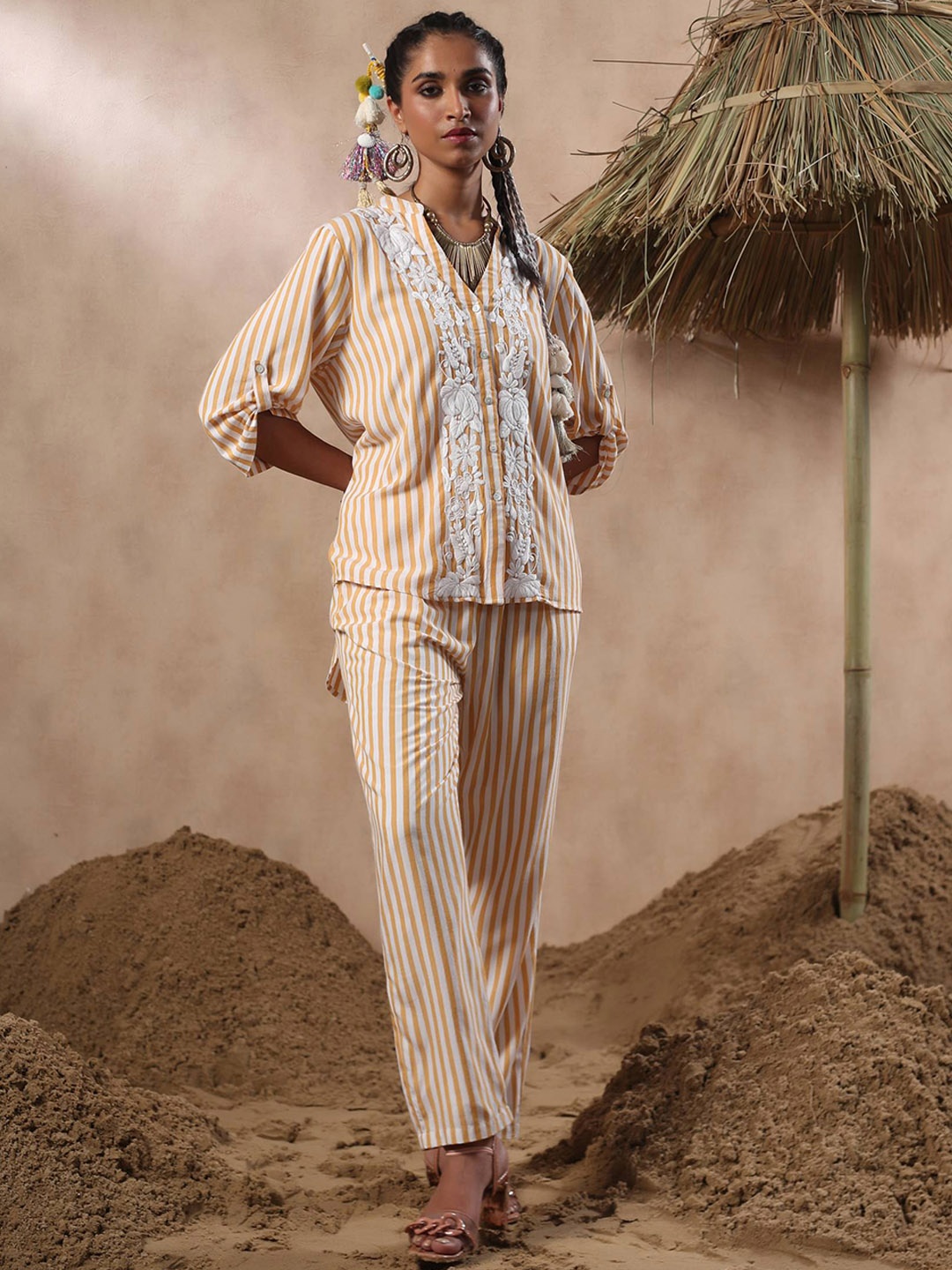 

Nyaro Striped Embroidered Pure Cotton Top And Trouser Co-Ords, Mustard