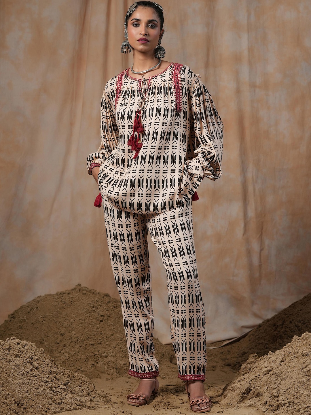 

Nyaro Printed Top & Trouser Co-Ord Set, Beige