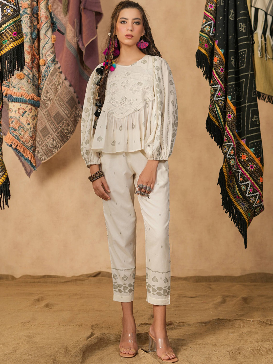 

Nyaro Self Design Pure Cotton Top With Trouser, White