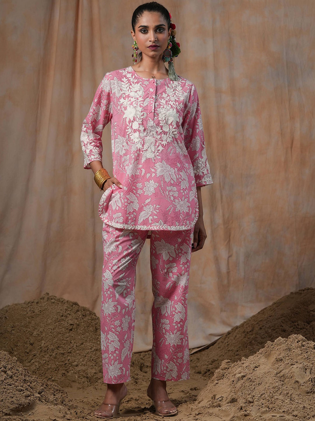 

Nyaro Embroidered Tunic With Trousers Co-Ords, Pink