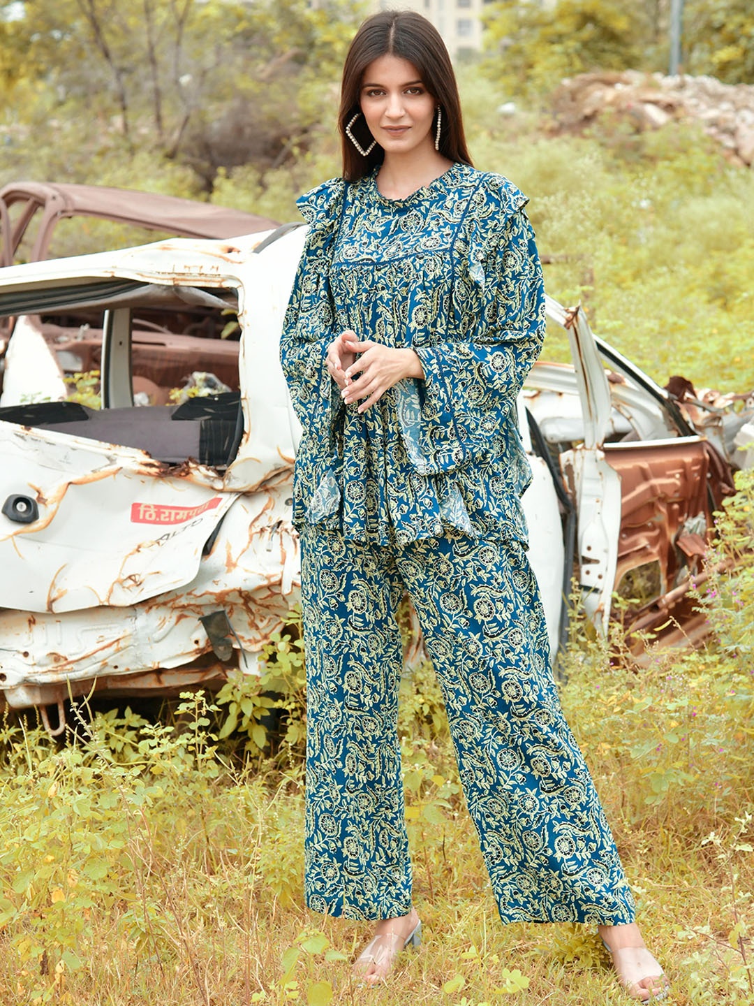 

Nyaro Printed Top & Trousers Co-Ords Set, Blue
