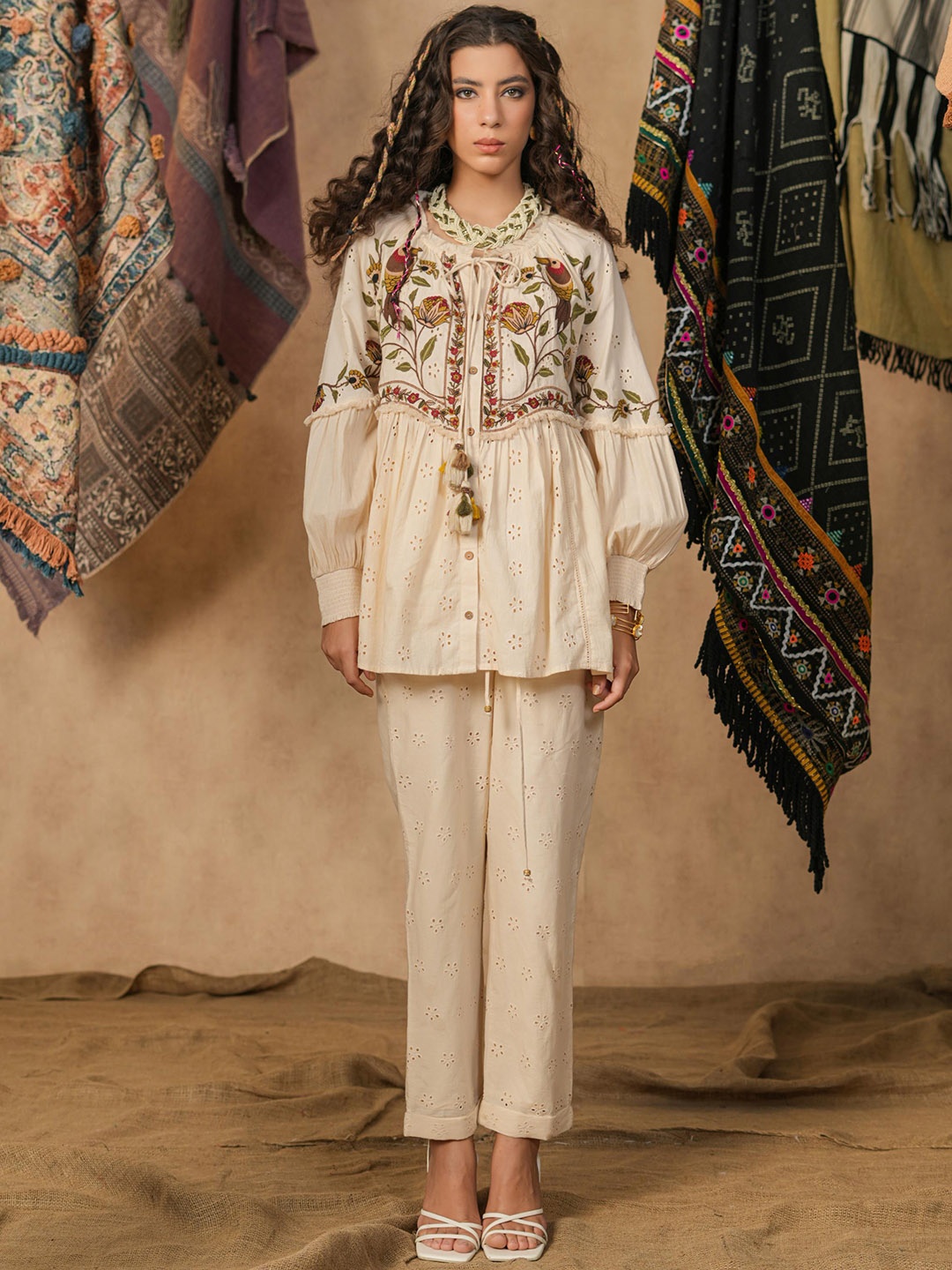 

Nyaro Embroidered Pure Cotton Schiffli Top With Trouser Co-Ords, Beige