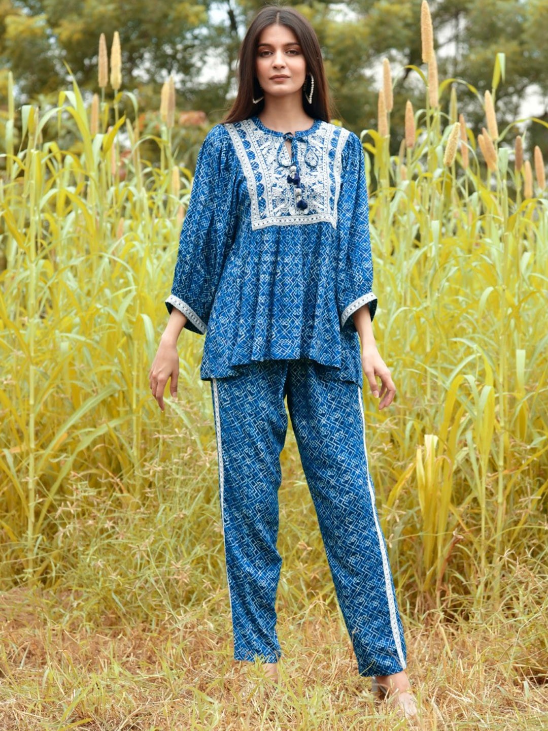 

Nyaro Printed & Embroidered Top & Trousers Co-ord Set, Navy blue