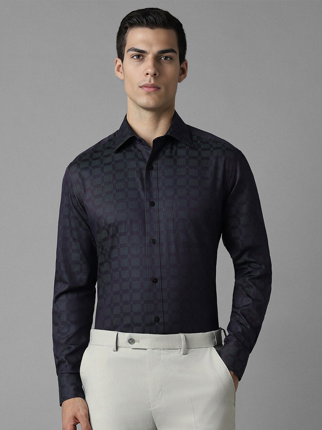

Louis Philippe Spread Collar Long Sleeves Regular Fit Checked Cotton Formal Shirt, Purple