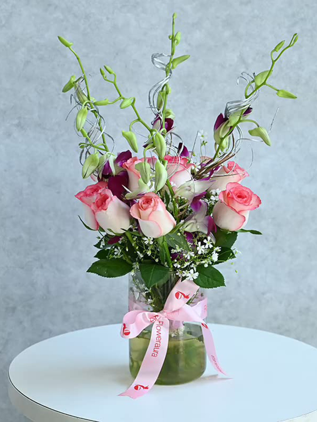 

Floweraura 14 Pieces Pink & Purple Roses & Orchids Fresh Flowers With Glass Vase