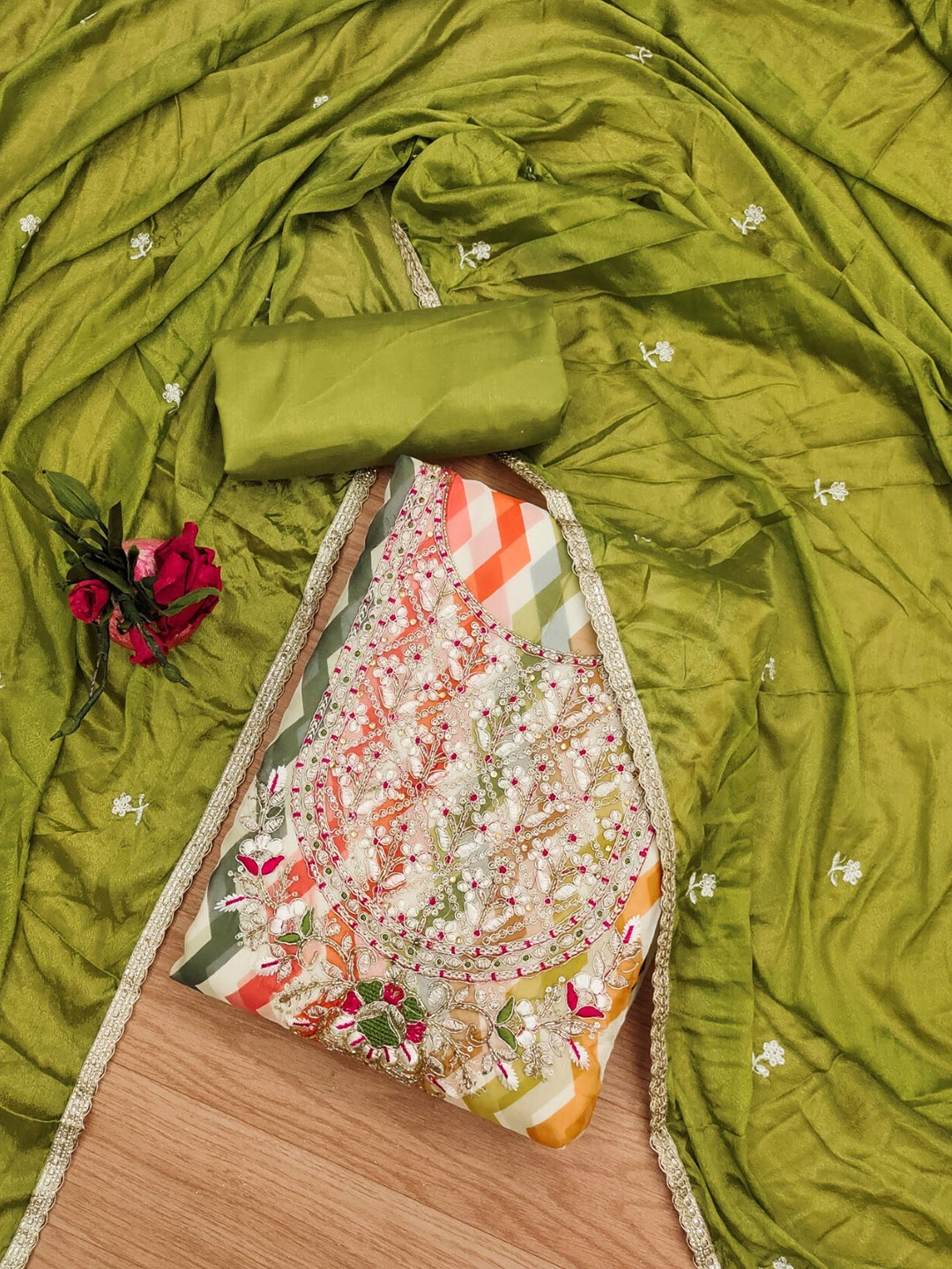 

KALINI Ethnic Motifs Embroidered Sequinned Organza Unstitched Dress Material, Green