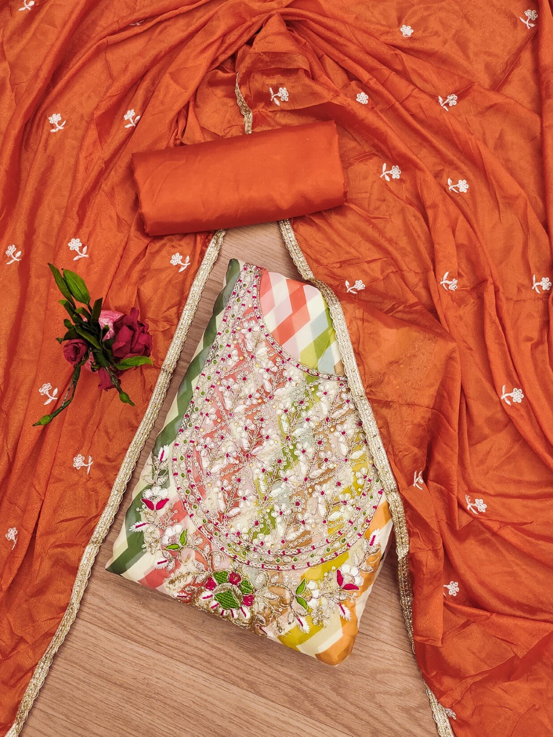 

KALINI Ethnic Motifs Embroidered Organza Unstitched Dress Material, Orange
