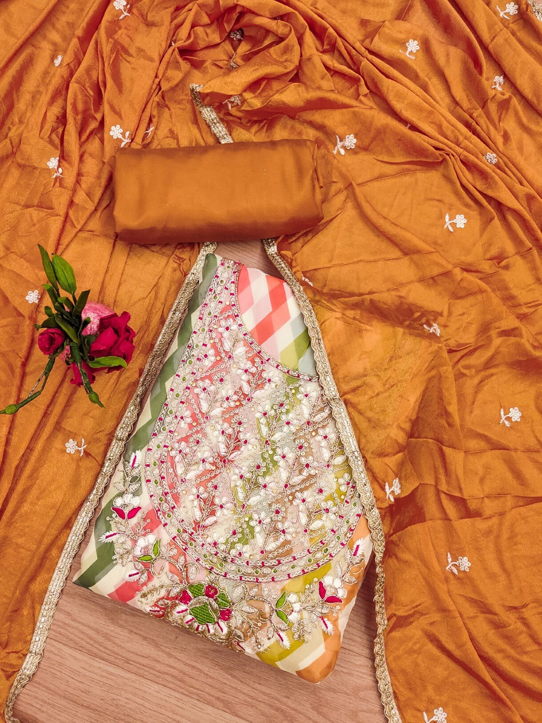 

KALINI Ethnic Motifs Embroidered Organza Unstitched Dress Material, Mustard