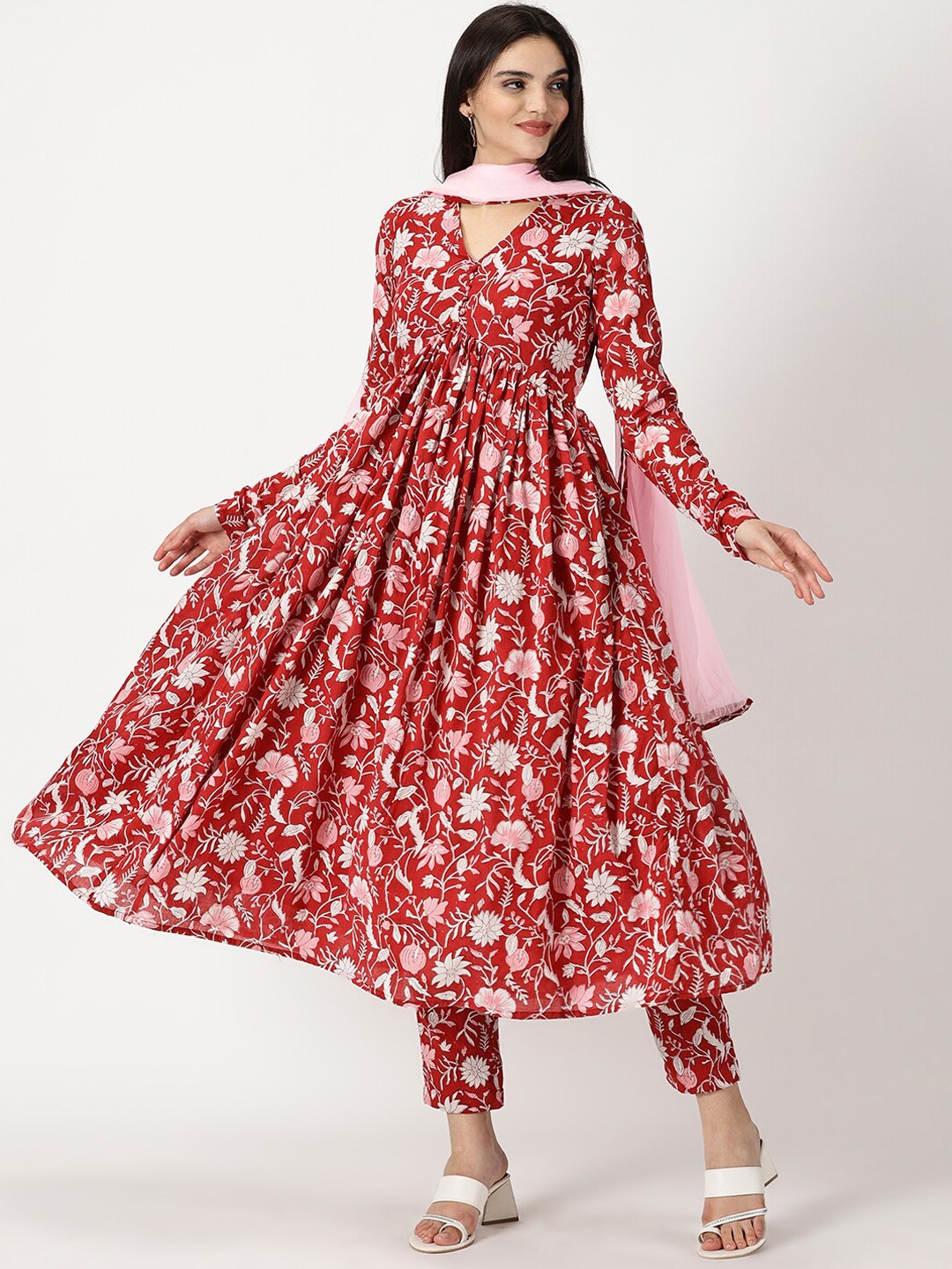

Weaves of Tradition Floral Printed Cotton Empire Anarkali Kurta With Trousers & Dupatta, Red