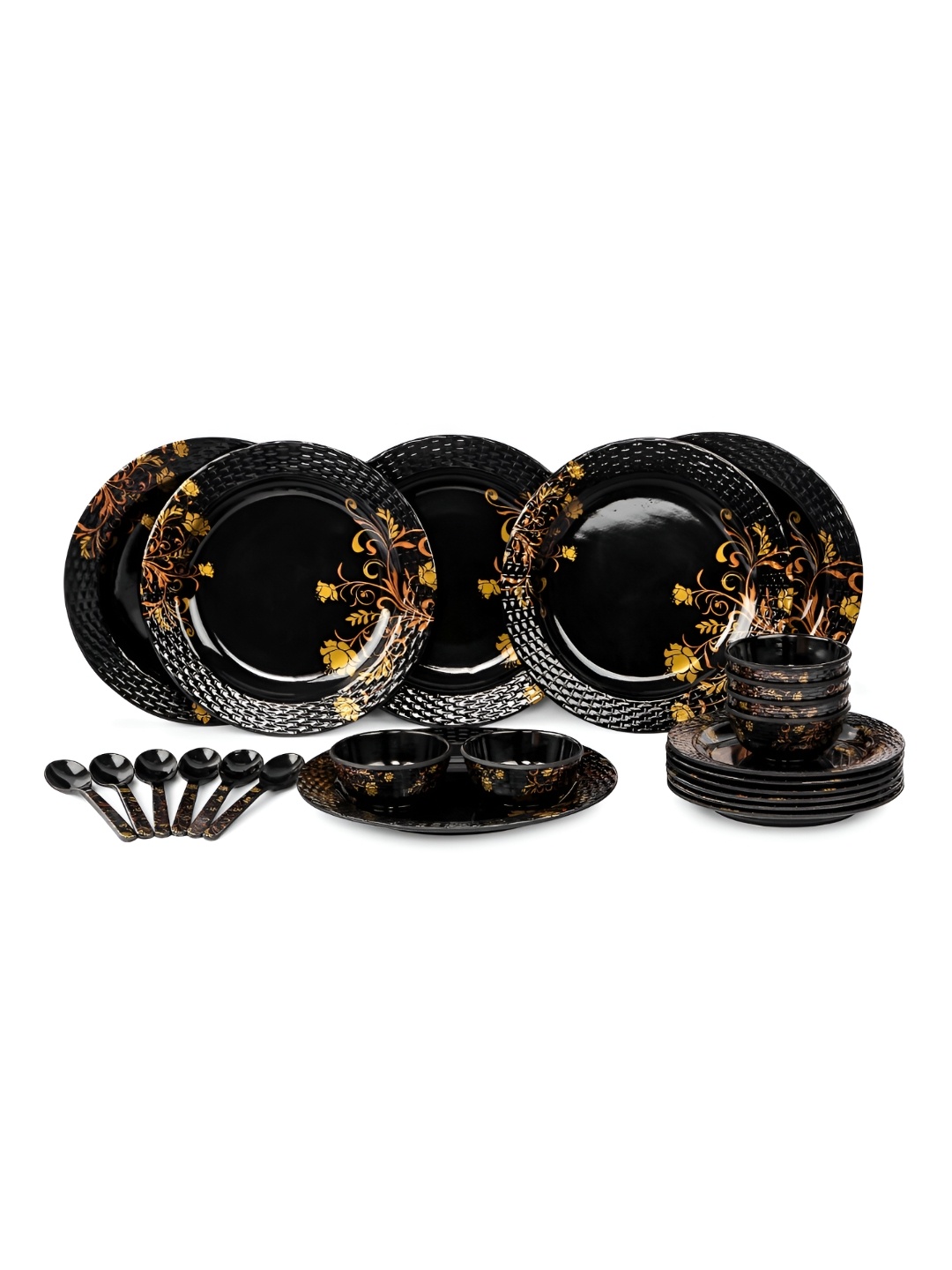 

AEMAHARANI Black & Yellow 24 Pcs Printed Melamine Glossy Dishwasher Safe Dinner Set