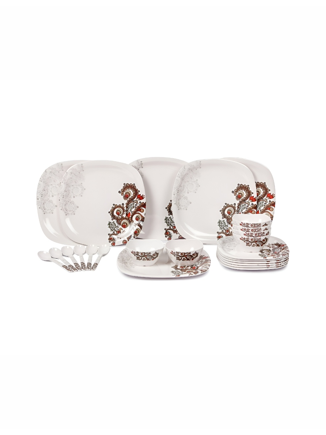 

AEMAHARANI White & Brown 24 Pcs Printed Melamine Glossy Dishwasher Safe Dinner Set