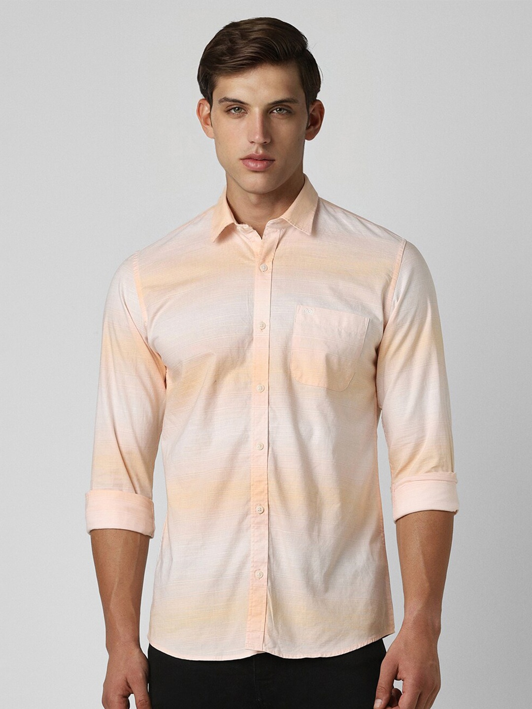 

Peter England Casuals Slim Fit Striped Spread Collar Long Sleeves Cotton Casual Shirt, Peach