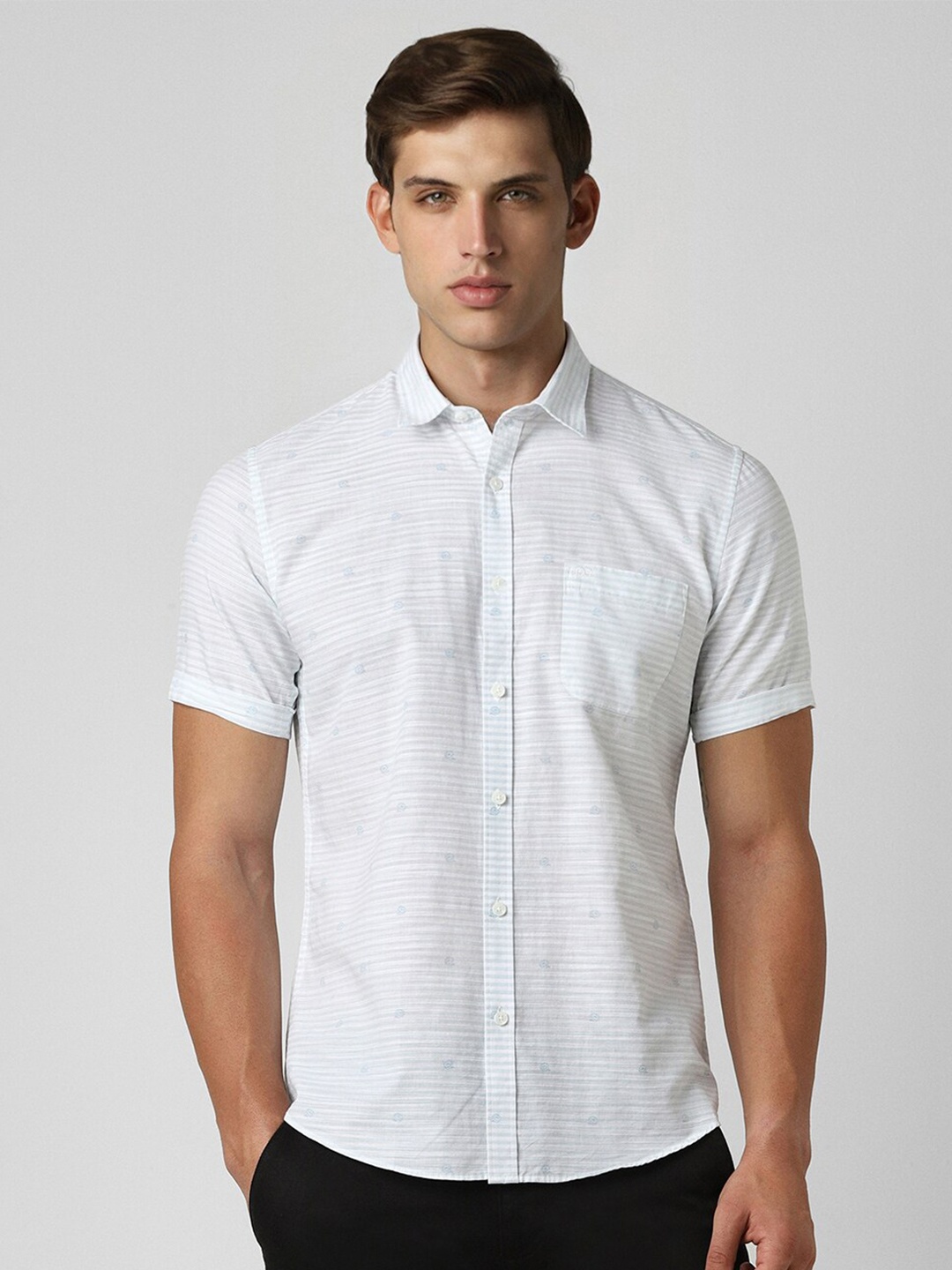 

Peter England Casuals Slim Fit Striped Spread Collar Short Sleeves Cotton Casual Shirt, White