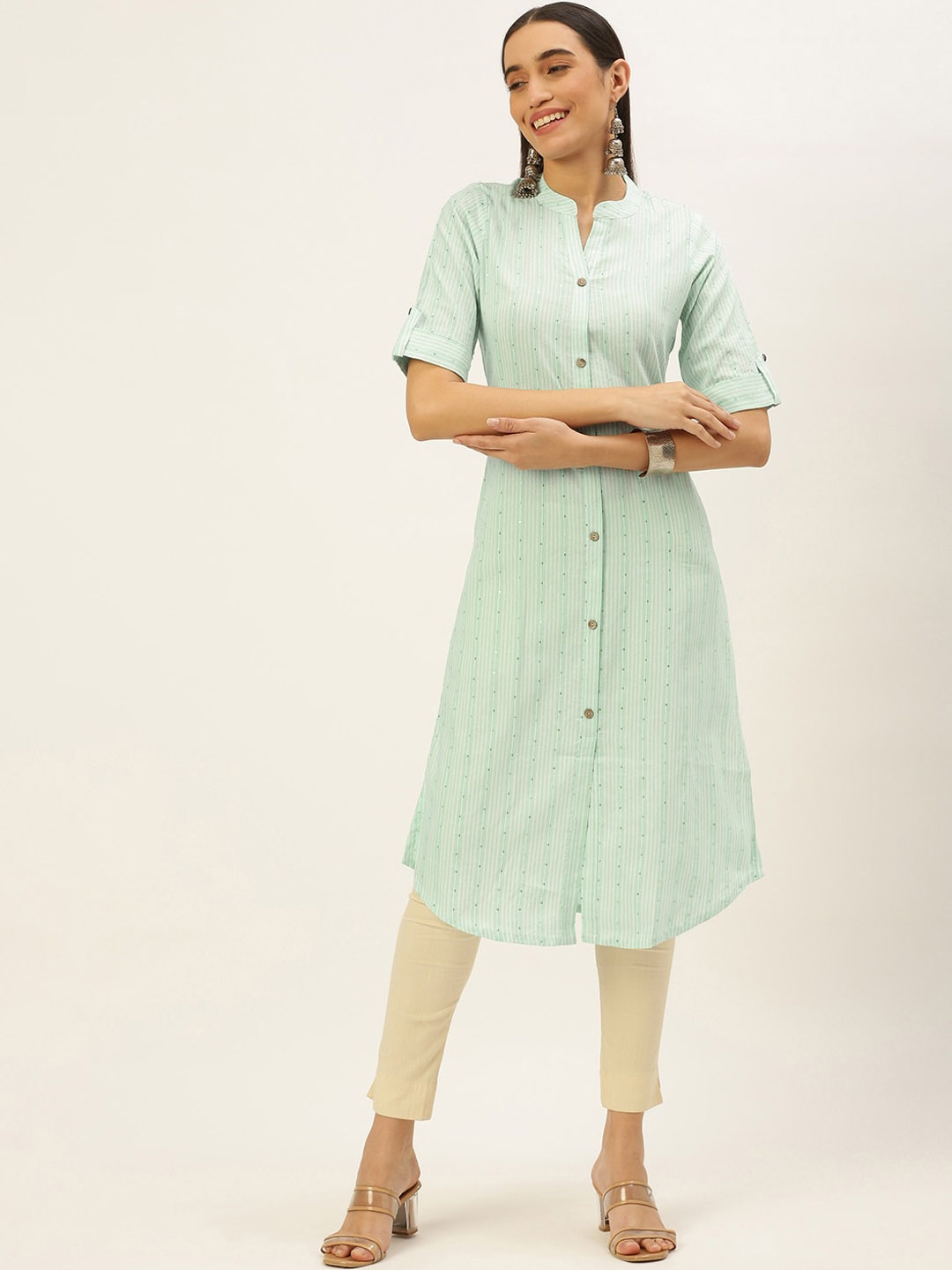 KALINI Striped Mandarin Collar A-line Kurta, Turquoise blue