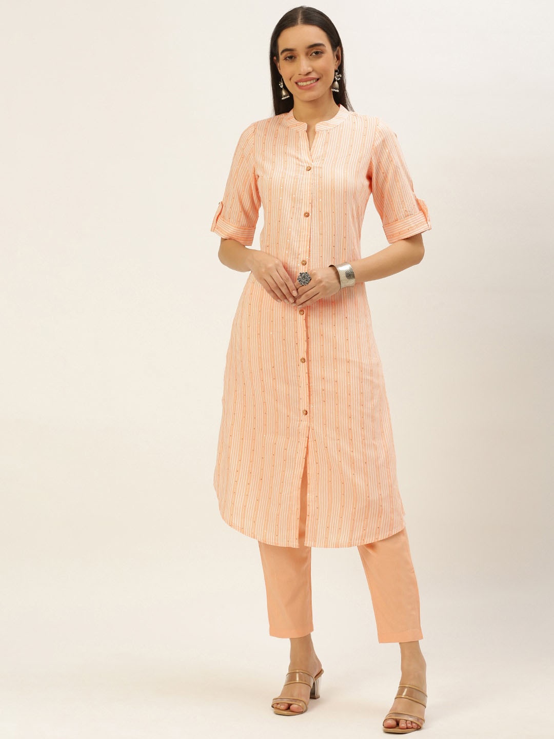 

KALINI Striped Sequinned Straight Kurta, Peach