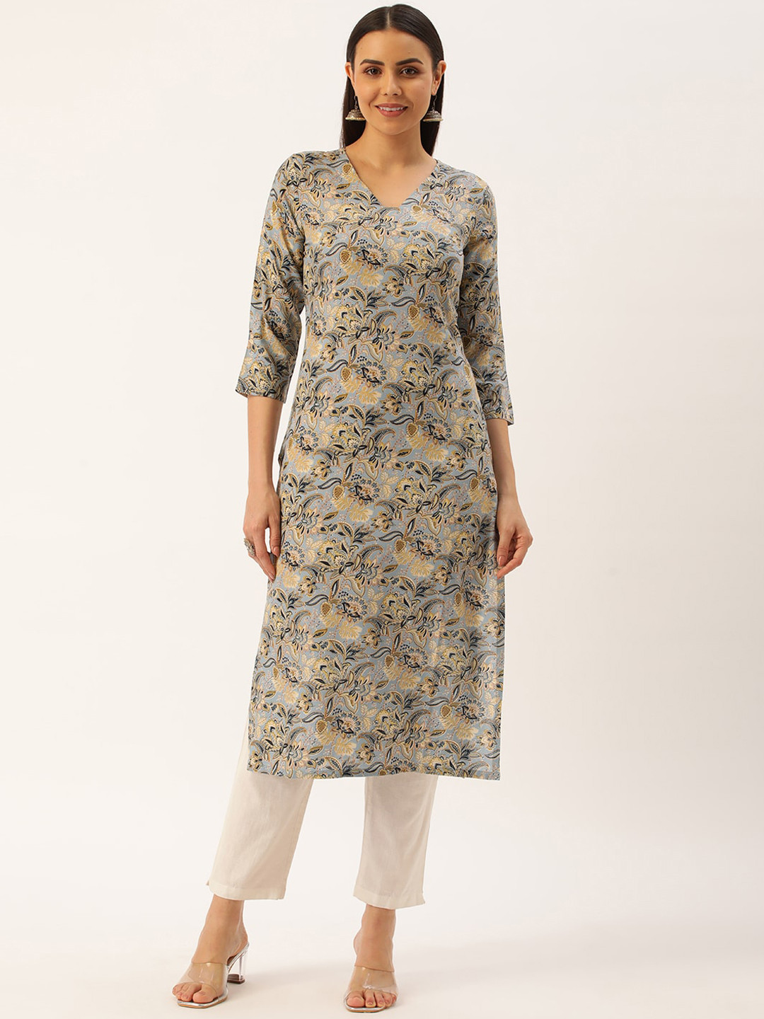 

KALINI Floral Printed V-Neck Straight Kurta, Blue