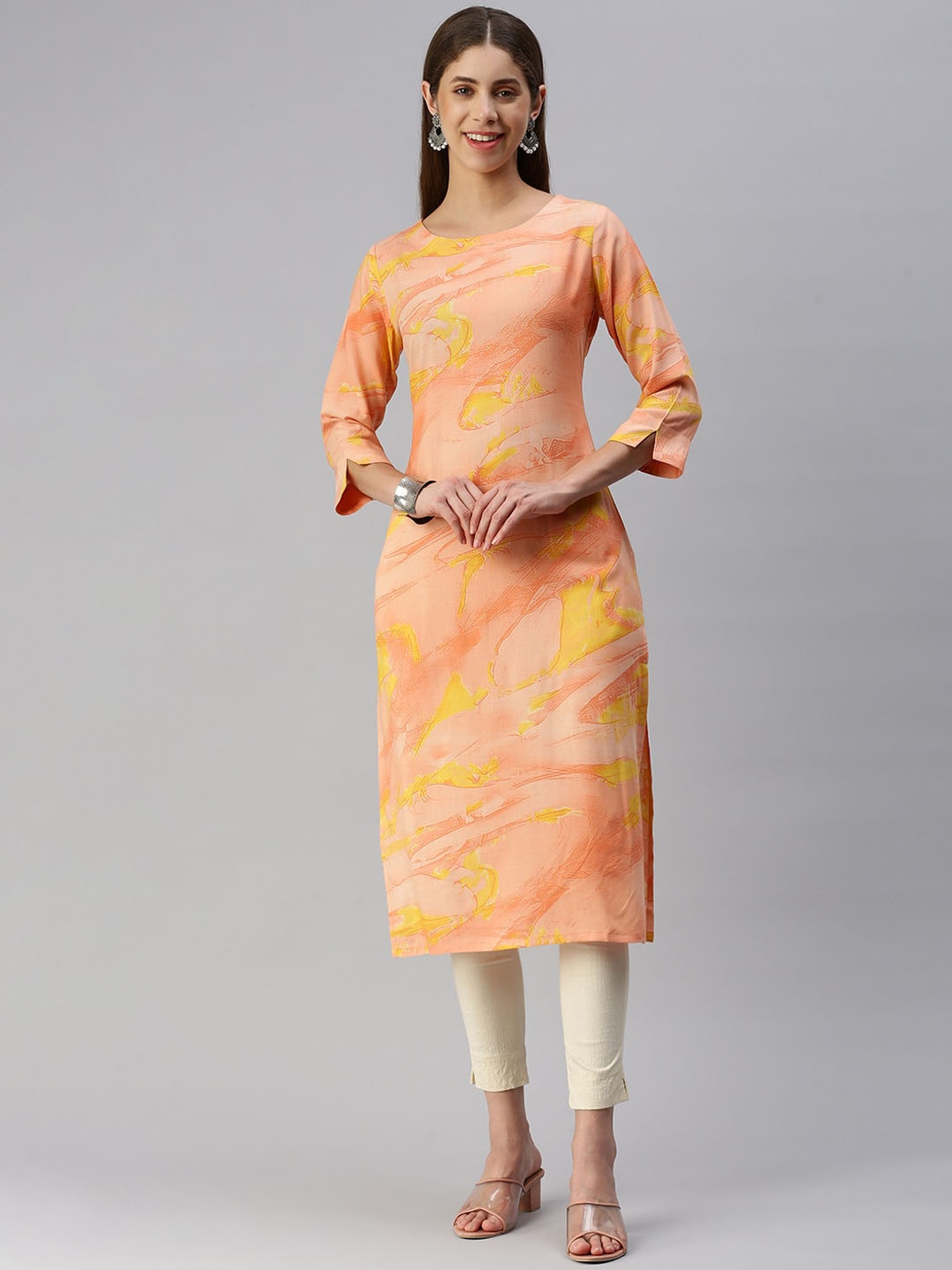 

KALINI Abstract Printed Straight Kurta, Orange