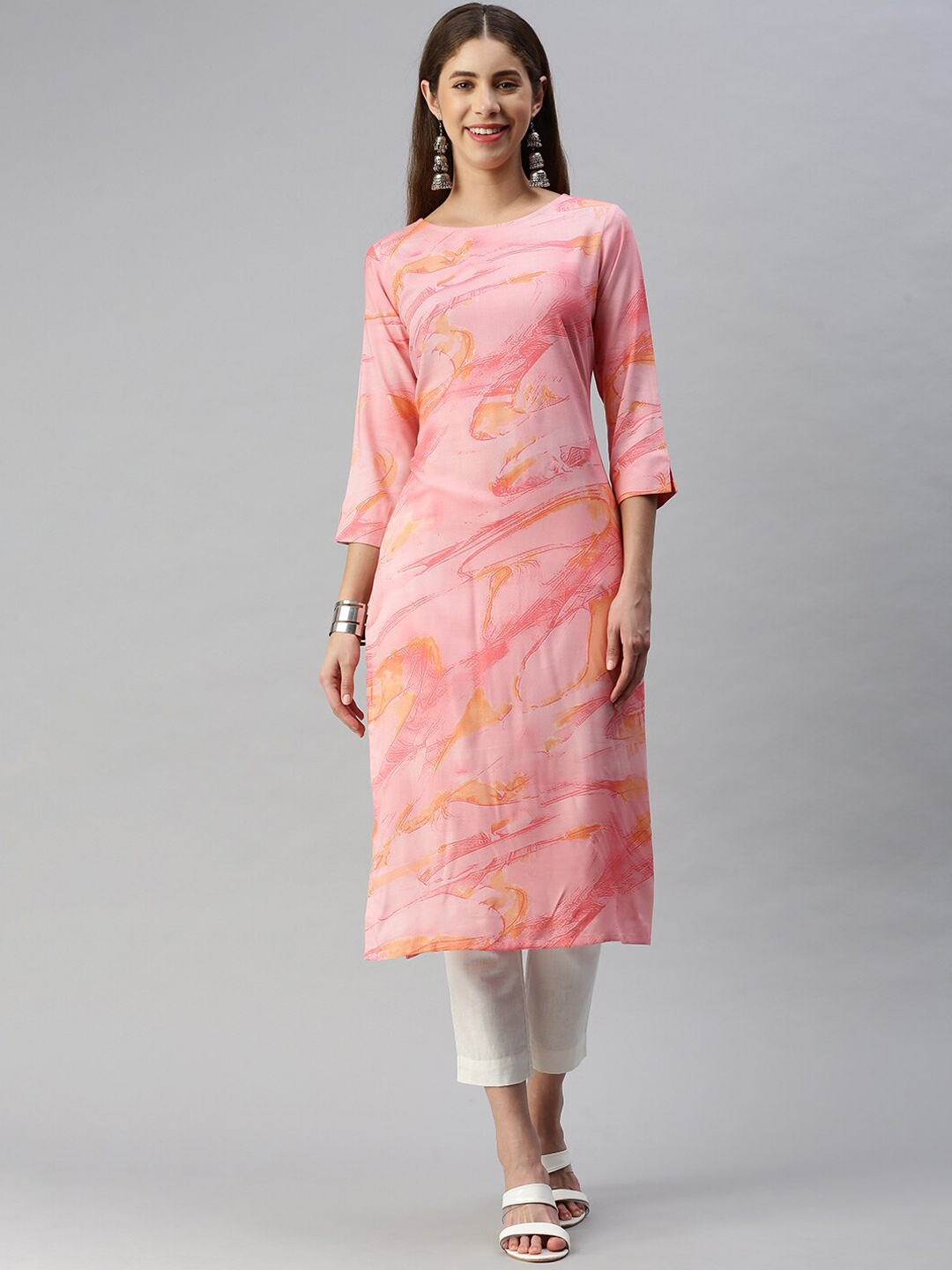 

KALINI Abstract Printed Boat Neck Straight Kurta, Pink