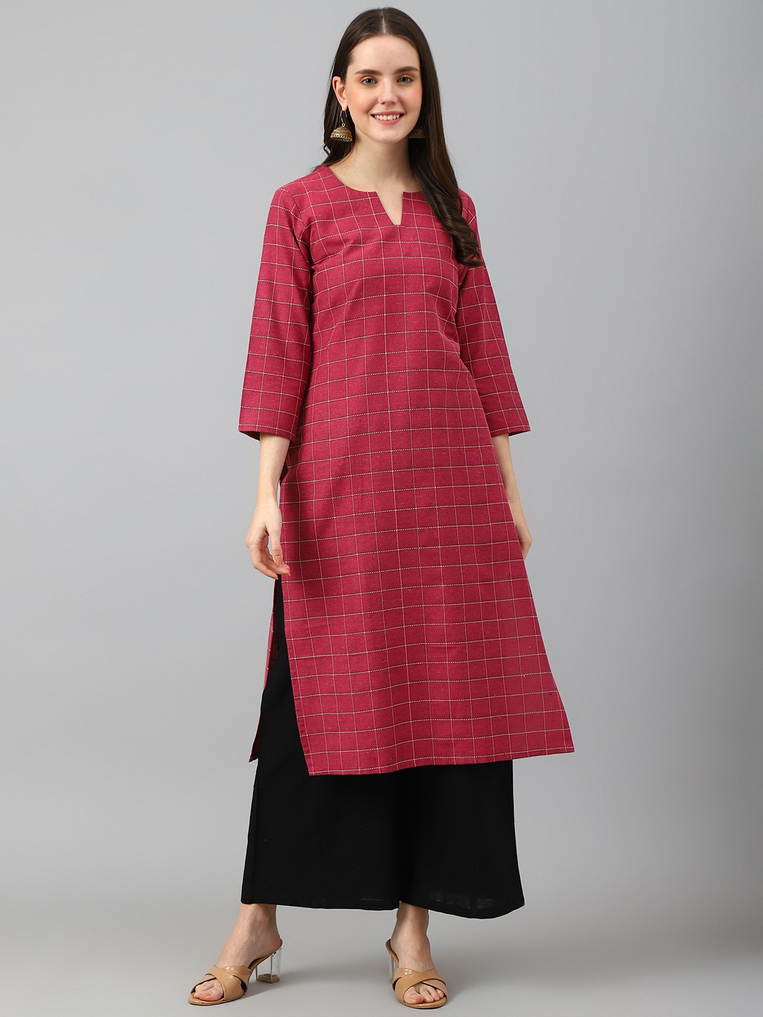 

KALINI Checked Straight Kurta, Red