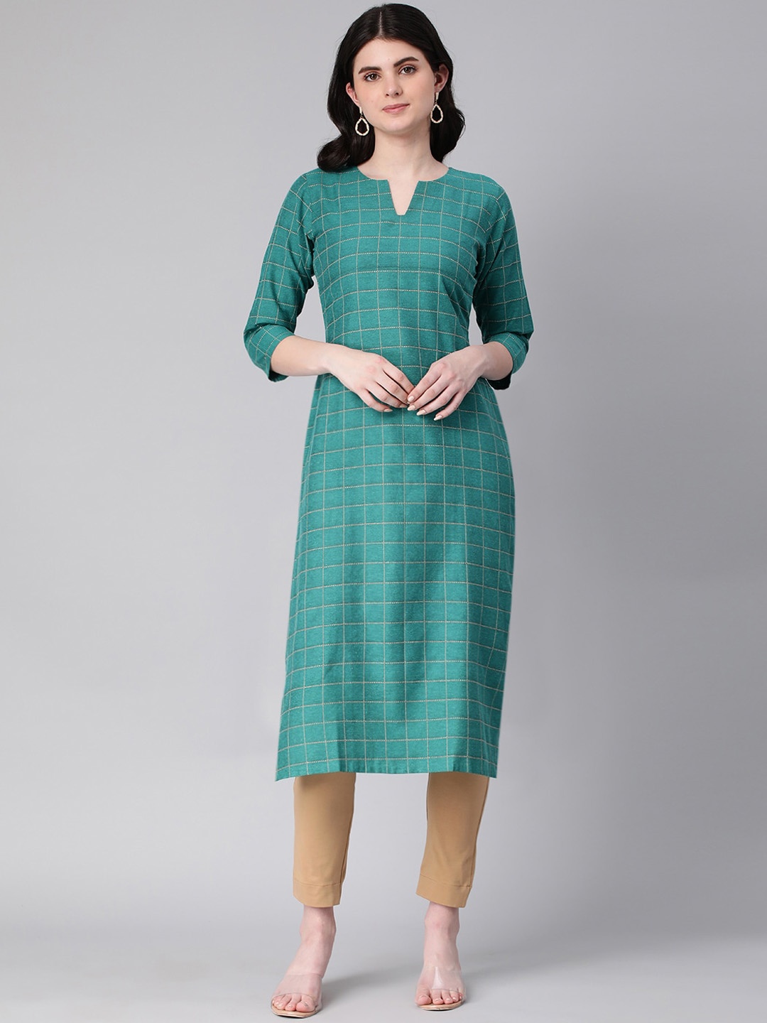 KALINI Checked Notched Neck Thread Work Straight Kurta, Blue