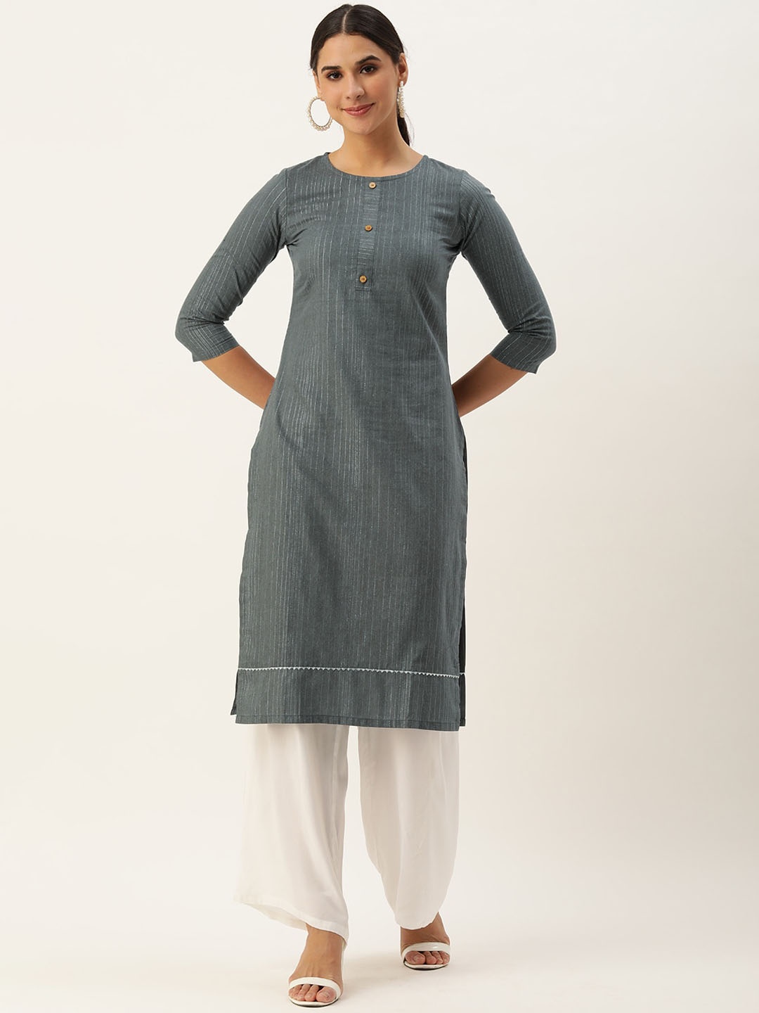 

KALINI Striped Pure Cotton Straight Kurta, Grey