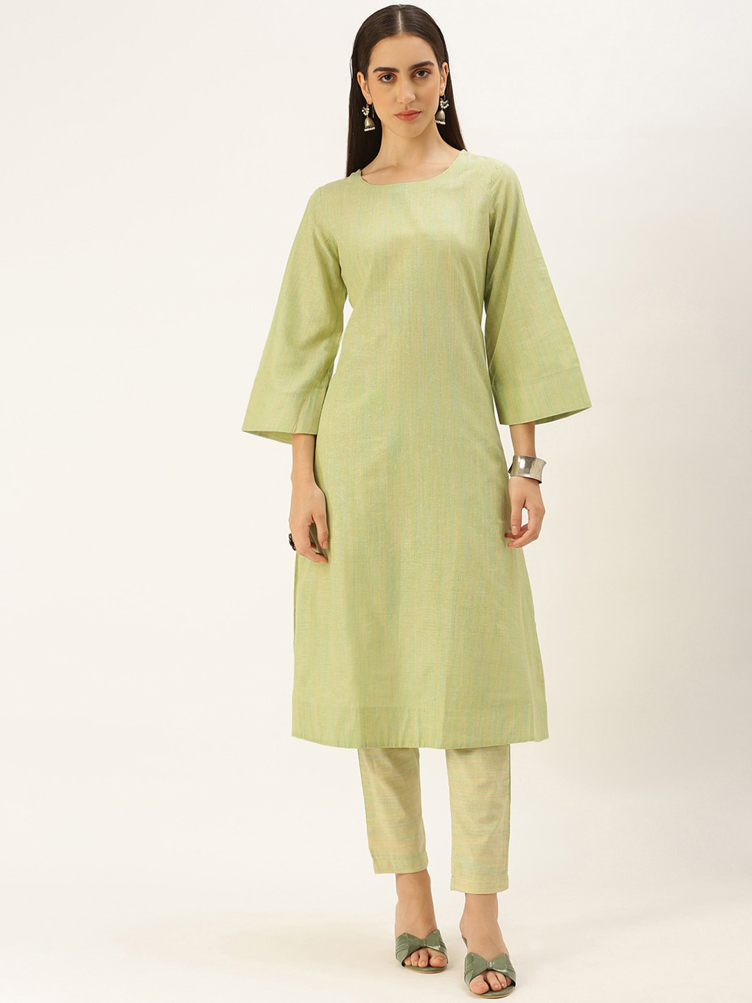 

KALINI Striped Flared Sleeves Pure Cotton A-Line Kurta, Green