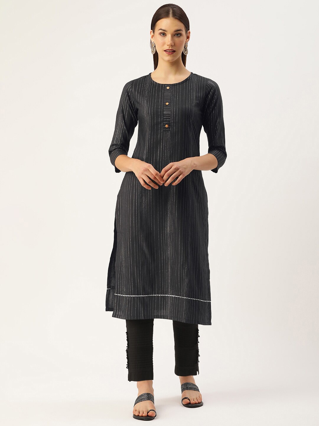 

KALINI Striped Pure Cotton Straight Kurta, Black