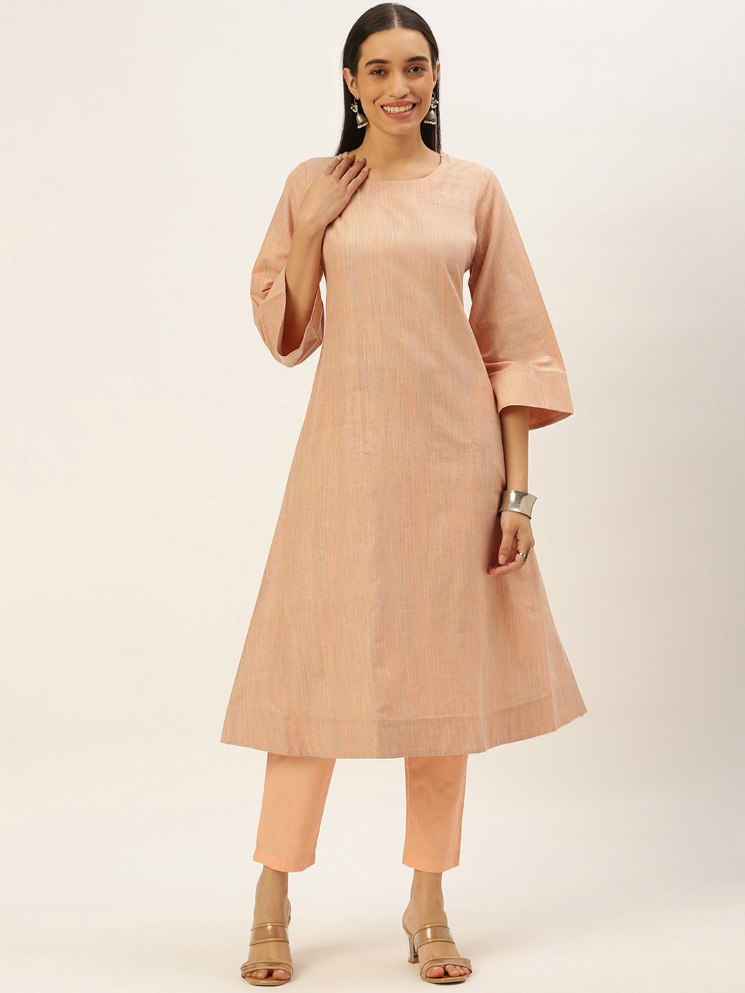 

KALINI Striped Flared Sleeves Pure Cotton A-Line Kurta, Peach