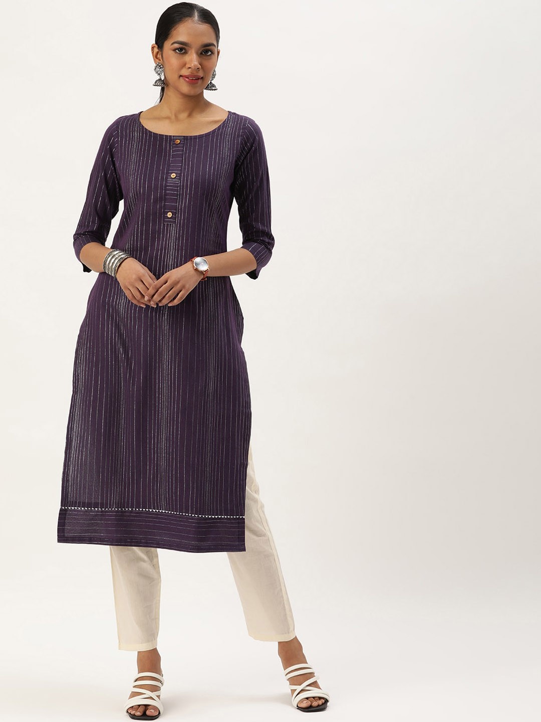 

KALINI Striped Round Neck Straight Kurta, Purple