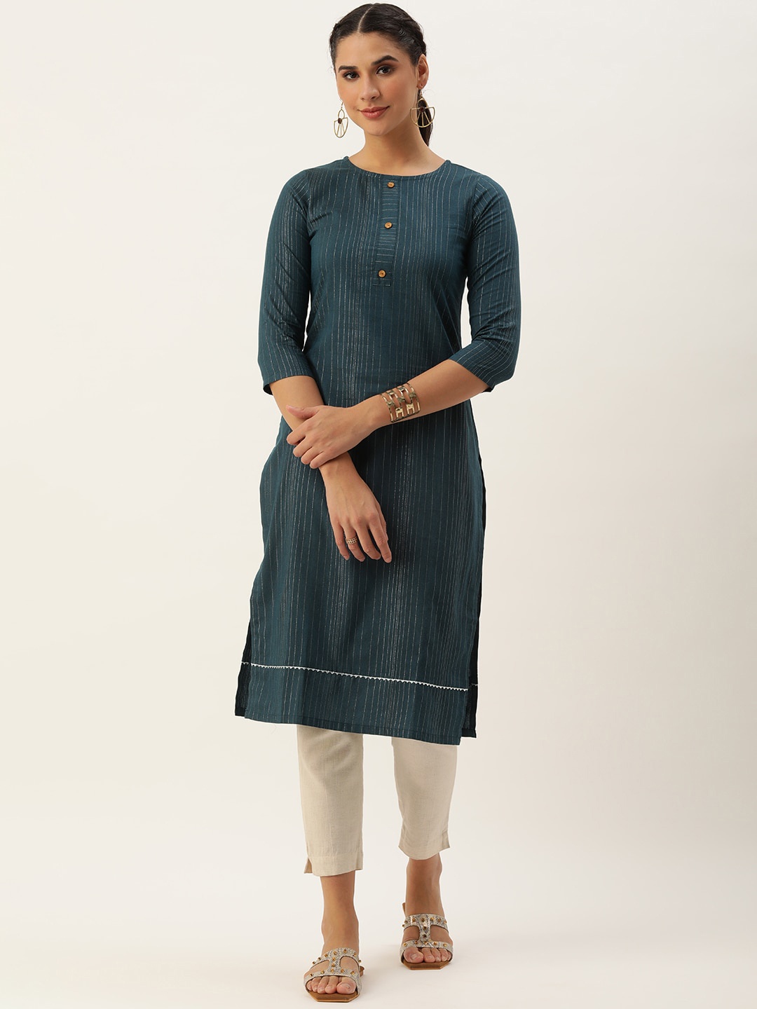 

KALINI Striped Round Neck Straight Kurta, Teal