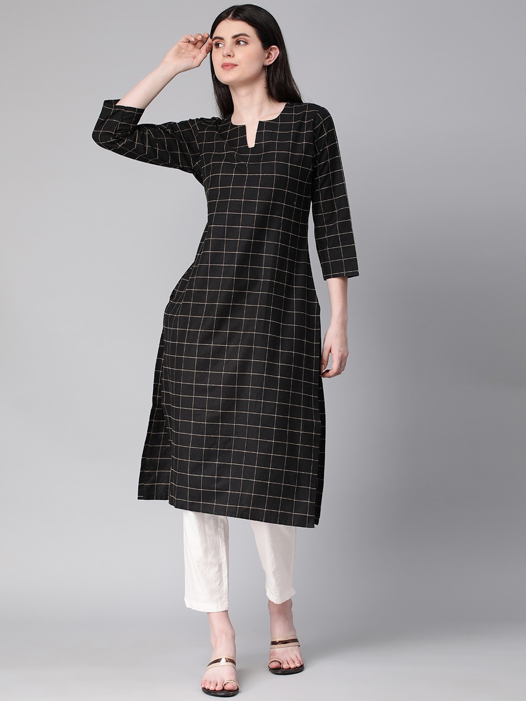 

KALINI Checked Notched Neck Thread Work Straight Kurta, Black