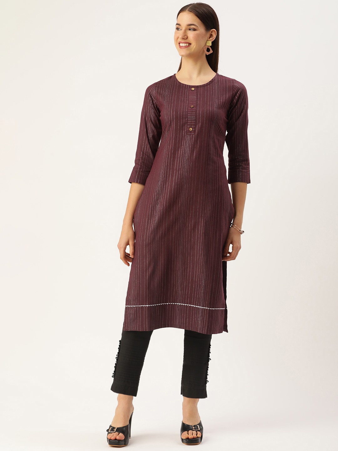 

KALINI Striped Round Neck Straight Kurta, Maroon