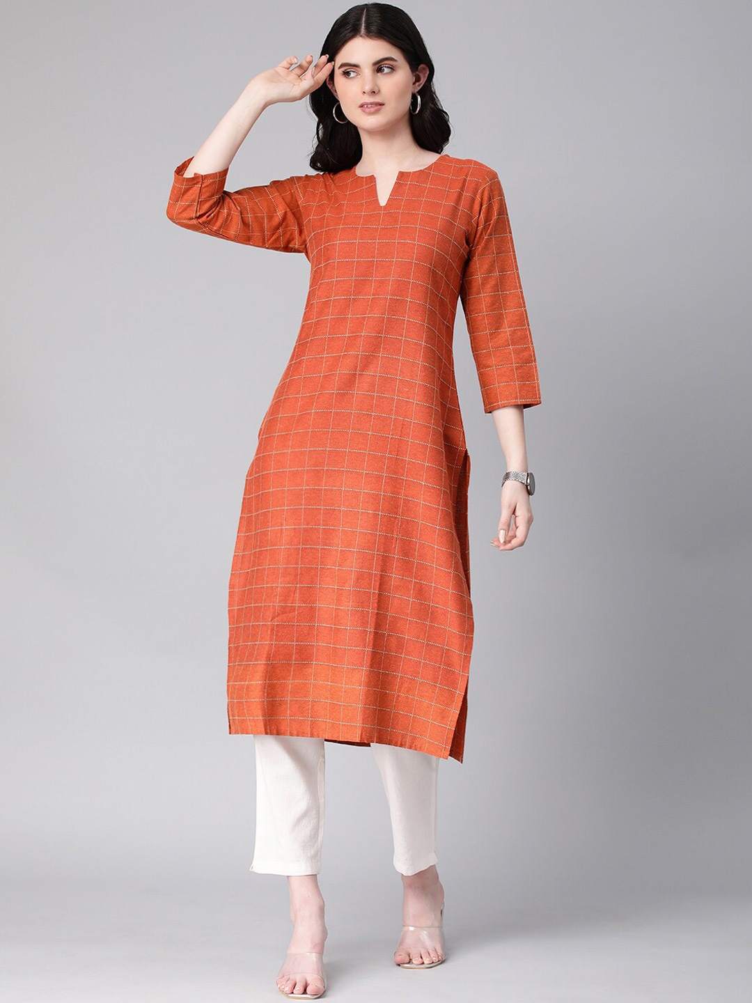 

KALINI Checked Straight Kurta, Brown