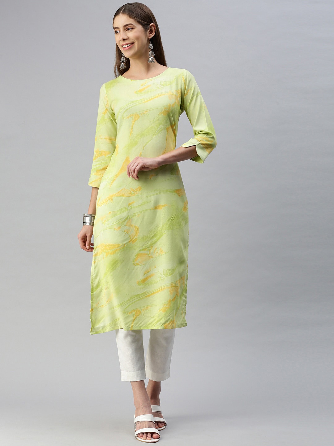 

KALINI Abstract Printed Round Neck Straight Kurta, Green