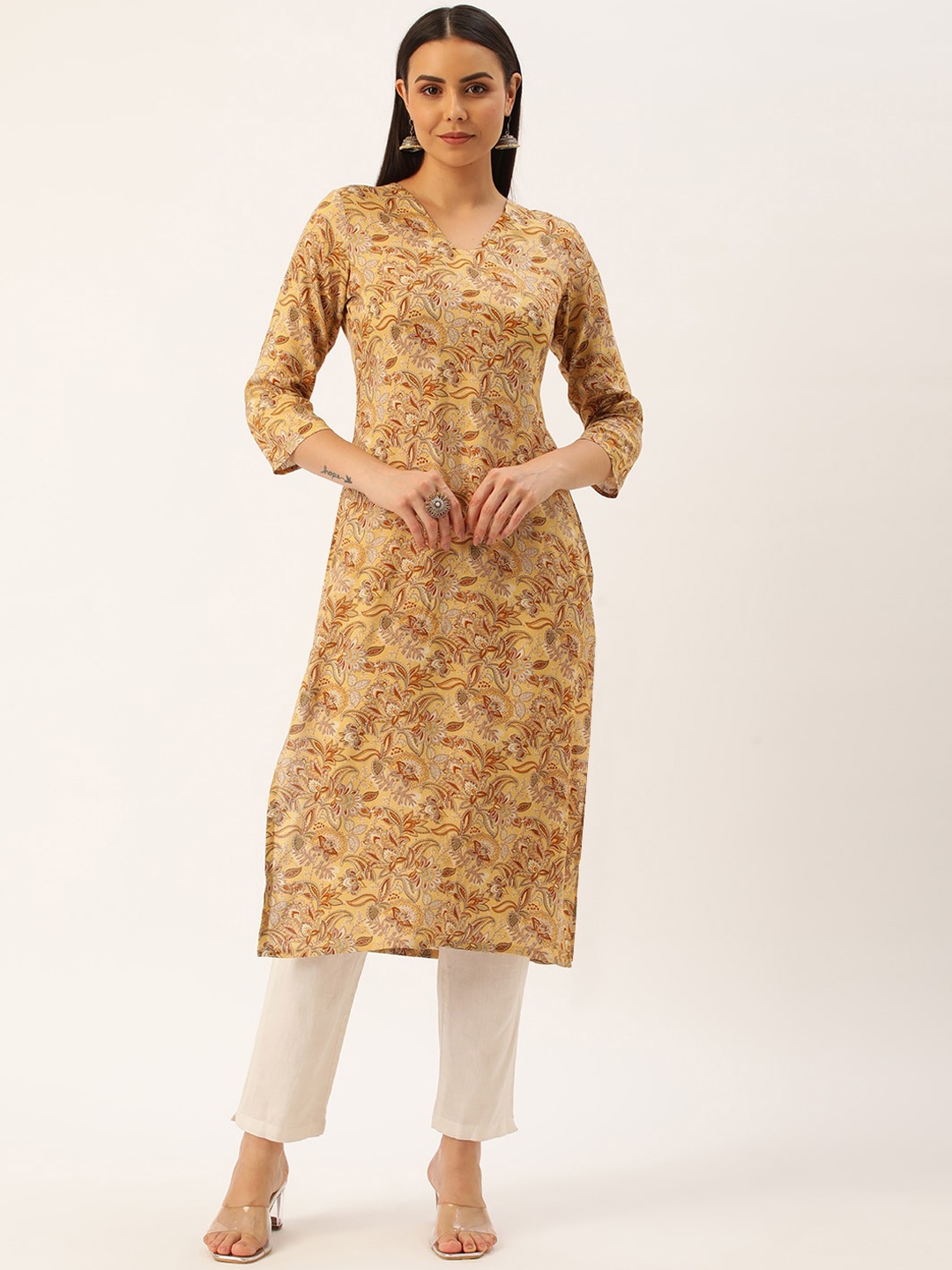 

KALINI Ethnic Motifs Printed Straight Kurta, Beige