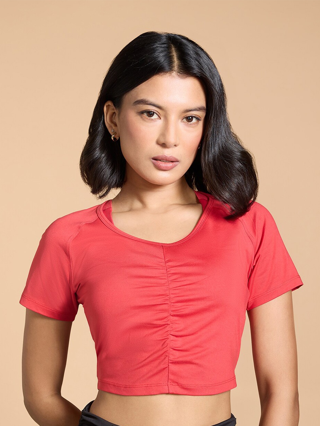

KICA Round Neck Ruched Gym Fitted Crop Top, Pink